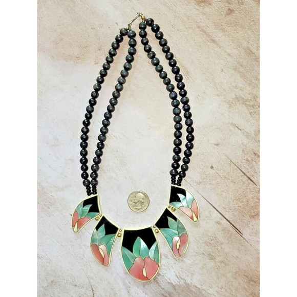 1980's Vintage Mother of Pearl Inlay MOP Floral Design Statement Collar Necklace - Picture 8 of 9